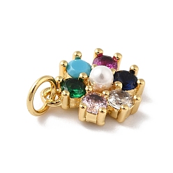 Colorful Rack Plating Brass Micro Pave Cubic Zirconia Charms, with Pearl, Cadmium Free & Lead Free, Real 18K Gold Plated, Flower, Colorful, 12.5x10.5x4mm, Hole: 3.6mm