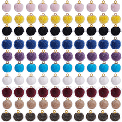 Mixed Color Faux Mink Fur Covered Pendants, with Golden Tone Brass Pendant Bails, Round, Mixed Color, 14x10mm, Hole: 1.5mm, 100pcs/set