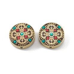 Flat Round Handmade Polymer Clay Indonesia Beads, with Resin & Synthetic Turquoise & Unplated Brass, Colorful, Flat Round, 20x7.5mm, Hole: 2mm