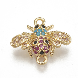 Real 18K Gold Plated Brass Micro Pave Cubic Zirconia Links, Bees, Colorful, Nickel Free, Real 18K Gold Plated, 13x15x3mm, Hole: 1.5mm