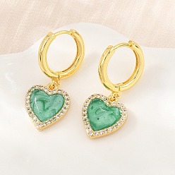 Vert Mer Boucles d'oreilles créoles pendantes en laiton serties de micro-pavés de zirconiums cubiques, cœur, avec l'émail, sans plomb et sans cadmium, crémaillère plaquage, plaqué longue durée, réel 18 k plaqué or, vert de mer, 28x12mm
