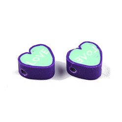 Indigo Handmade Polymer Clay Beads, Heart with Word Love, Indigo, 9~9.5x10~11x4~5mm, Hole: 1.5~1.8mm