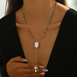 Virgin 201 шарик ожерелья из нержавеющей стали четки, портрет кисточка крест ожерелье винтаж панк мода женские y ожерелья, серебро , девственница, 21.46 дюйм (54.5 см)