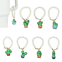 Spring Green 7Pcs 7 Styles Cactus PVC Plastic Cup Charms, with Plastic Pearl Round Beaded Chain, Spring Green, 103~111mm, 1pc/style