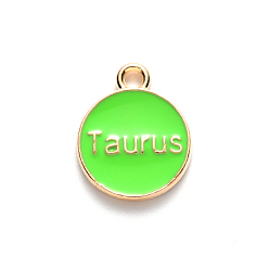 Taurus Alloy Enamel Pendants, Cadmium Free & Lead Free, Flat Round with Constellation, Light Gold, Pale Green, Taurus, 22x18x2mm, Hole: 1.5mm