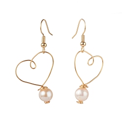 Golden Brass Dangle Earrings, with Natural Pearl Beads, Heart, Golden, 43mm, Pin: 0.7mm