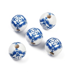Синий Спрей окрашены деревянные европейские бусины, бусины с большим отверстием, круглая с имитацией сине-белого фарфорового узора, синие, 16 мм, отверстие : 4~4.5 мм