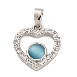 Платина Латунные микропаве прозрачные подвески с фианитом, без кадмия, без никеля и без свинца, подвески в форме сердца с кошачьим глазом, платина, 15.5x14.5x3 мм, отверстие : 2.5x3 мм