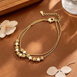 Golden Brass Star Grooved Round Beaded 2-strand Bracelets for Women, Golden, 6.30 inch(16cm)