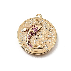 Real 18K Gold Plated Brass Micro Pave Purple Cubic Zirconia Pendants, Flat Round with Koi Fish Charms, Real 18K Gold Plated, 21x19x4mm, Hole: 1.3mm