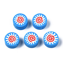 Verdeck blau Manuell Polymer Ton Perlen, für DIY Schmuck Bastelbedarf, flach rund mit Sonne, Verdeck blau, 9.5x4.5~5 mm, Bohrung: 1.6 mm