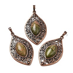 Унакит Природные подвески Unakite, латунные подвески в виде конского глаза, Красная медь, без свинца и без кадмия, 48x28x7.5 мм, отверстие : 8x5 мм