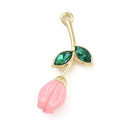 Pink Сплав смолы цветок кулоны, подвески-розы со стеклянным листом, золотые, розовые, 32.5x14.5x7.5 мм, отверстие : 1.6 мм