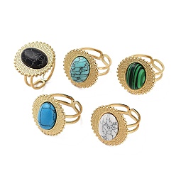 Mixed Stone Ion Plating(IP) 304 Stainless Steel Ring, Adjustable Synthesize Gemstone Rings, Sun, 20.5mm, Inner Diameter: Adjustable