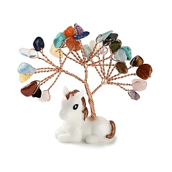 Смешанные камни Декоративное дерево жизни из натурального тигрового глаза, розового кварца и аметиста, Подставка для лошади из смолы с медной проволокой, подарок в стиле фэн-шуй для украшения рабочего стола дома или в офисе, 67~73x19.5~20x68~73 мм