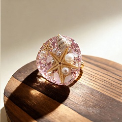 Лиловый 304 Открытые кольца для манжеты из нержавеющей стали и смолы, морская звезда в форме раковины, с акрилом, пайетками и имитацией пластикового жемчуга, сирень, 18 мм