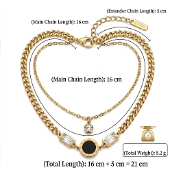 Black 304 Stainless Steel Crystal Rhinestone Rectangle & Acrylic Flat Round Link 2-strand Bracelets for Women, Golden, Black, 6.30 inch(16cm)