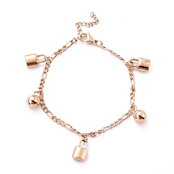 Rose Gold 304 Stainless Steel Charm Bracelets, with Figaro Chains and 201 Stainless Steel Findings, Rose Gold, 7-1/8 inch(18cm)