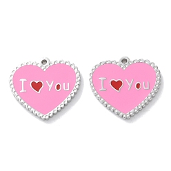 Бледно-Розовый 304 подвески из нержавеющей стали, с эмалью, сердце со словом я люблю тебя очарование, розовый жемчуг, 14x15.5x1.5 мм, отверстие : 1 мм