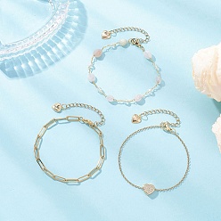 Морганит 304 Цепочка из звеньев в форме сердца из нержавеющей стали и натуральных морганитовых самородков 3 Многослойные ожерелья, золотые, 7 дюйм (17.7 см) ~ 7-1/8 дюйм (18 см), 3 шт / комплект