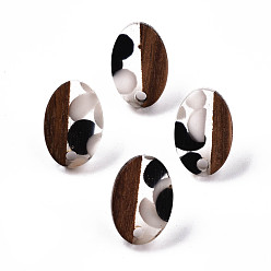 Black Resin & Walnut Wood Stud Earring Findings, with 304 Stainless Steel Pin, Oval, Black, 15x10mm, Hole: 1.8mm, Pin: 0.7mm