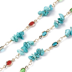 Синтетическая Бирюза Латунные цепные цепи, со стеклянными и синтетическими бирюзовыми бусинами, долговечный, пайки, золотые, с катушкой, 13.5x5x2.5 мм, около 16.40 футов (5 м) / рулон