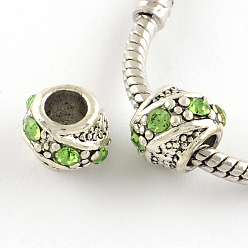 Перидот Баррель античный посеребренные сплав горный хрусталь металлические бусины европейских, бусины с большим отверстием, перидот, 10~11x9 мм, отверстие : 5 мм