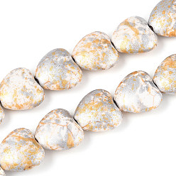 Серебро С напылением окрашенные синтетические бирюзовые бусинки, сердце, серебряные, 13~13.5x14~14.5x6~7 мм, отверстие : 0.9~1 мм, около 30 шт / нитка, 15.16~15.35 дюйм (38.5~39 см)