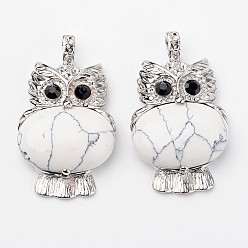 Говлит Природные подвески Говлит, сова, с латунной фурнитурой , платина, без свинца и без никеля , 45x25x8 мм, отверстие : 4x6 мм