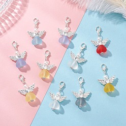 (52) Непрозрачная лаванда Подвесные украшения в форме сердца ангела из сплава и акрила, с карабинами и круглыми бусинами из АБС-пластика, имитирующими жемчуг, разноцветные, 37.5 мм