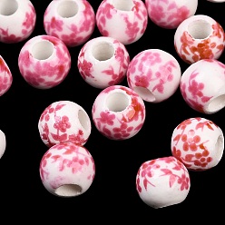 Pearl Pink Floral Printed Porcelain Beads, Flower Patterned Ceramic Beads, Round, Pearl Pink, 6mm, Hole: 2mm