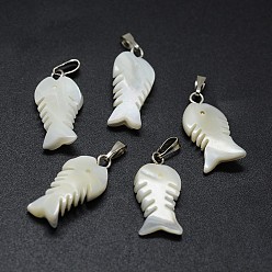 Platinum Shell Pendants, with Brass Findings, Fishbone, Platinum, 22~23x9~10x3~5mm, Hole: 2x5mm