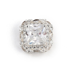 Серебро Полая стойка покрытие латунные кубические циркониевые бусины, со стеклом, долговечный, квадратный, серебряные, 13.5x13.5x7.5 мм, отверстия : 1 mm и 1.8 мм