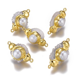 Хрусталь Соединители с натуральными кварцевыми кристаллами, с жемчугом и позолоченной латунной фурнитурой, оливковая форма, 33~40x20~25x19.5 мм, отверстие : 1.8 мм