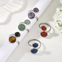 Gemstone Регулируемые кольца-манжеты с различными драгоценными камнями, 304 из нержавеющей стали шириной полосы кольца, плоско-круглые, цвет нержавеющей стали, 9~11.5 мм, размер США 7 1/4 (17.5 мм)