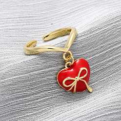 Настоящее золото 18K Латунные эмалевые открытые манжеты для женщин, сердце с бантом, стойки покрытие, прочное покрытие, без кадмия и без свинца, реальный 18 k позолоченный, 15x13.5 мм, размер США 7 1/4 (17.5 мм)