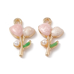 Misty Rose Alloy Enamel Pendants, Golden, Flower Charm, Misty Rose, 19x11x4mm, Hole: 1.6mm