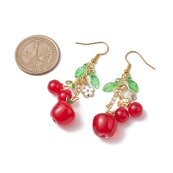Red 2 Pairs 2 Style Cherry & Strawberry Glass Dangle Earrings, Cluster Earrings, Red, 55~60x12.5~13.5mm, 1 Pair/style