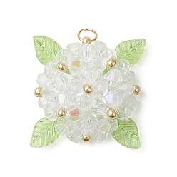 Прозрачный Стеклянные подвески, гортензия, с акриловыми подвесками в виде листьев и 304 соединительными кольцами из нержавеющей стали, прозрачные, 23x22x9 мм, отверстие : 2.5 мм