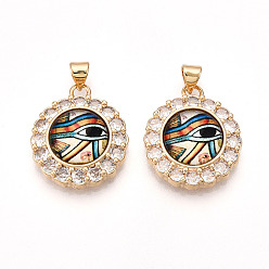 Разноцветный Латунные подвески с микропаве из прозрачных кубических цирконий для женщин, плоские круглые с глаз, cmолой, реальный 18 k позолоченный, красочный, 23.5x20x7~7.5 мм, отверстие : 3.5x5 мм