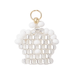 Белый Подвески-короны из стеклянных бусин, с 304 кольцами из нержавеющей стали, реальный 18 k позолоченный, белые, 16x15x2 мм, отверстие : 3 мм