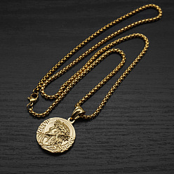 Golden Religion 304 Stainless Steel Embossed Jesus Round Medal Pendant Necklaces for Men, Golden, 23.62 inch(60cm)