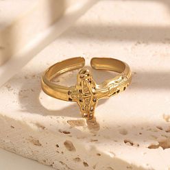 Golden 304 Stainless Steel Open Cuff Rings, Cross, Golden, Inner Diameter: 17.4mm