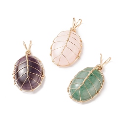 Mixed Stone Natural & Synthetic Gemstone Pendants, with Real 18K Gold Plated Eco-Friendly Copper Wire Wrapped, Oval Charm, 37.5x21x9.3mm, Hole: 3.5x6mm