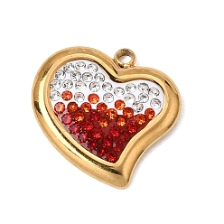 Jacinthe Pendentifs en acier inoxydable et pâte polymère sertis de strass, couleur dégradée, charmes de coeur, placage ionique (ip), plaqué longue durée, réel 304 k plaqué or, jacinthe, 18mm, Trou: 15.5x15.5x2mm