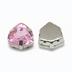 Розовый Шить на горный хрусталь, многожильных ссылки, k 9 стеклянный страз, с латунными зубцами в платиновых тонах, аксессуары для одежды, треугольные, светло-розовый, 12.5x12x6 мм, отверстие : 0.8 мм