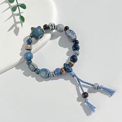 Стально-синий Браслеты ручной работы из фарфора и хлопкового шнура с бусинами в форме звезд, эластичные браслеты для женщин, с кистями, стальной синий, 6-1/2 дюйм (16.5 см)