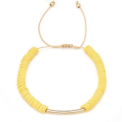 Желтый Браслеты из плетеных бусин Heishi из полимерной глины, регулируемый браслет из латунных трубчатых бусин, желтые, 6-1/4~10-1/4 дюйм (16~26 см)