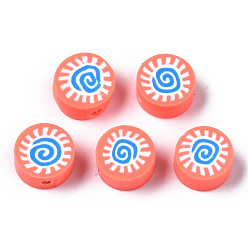 Licht Lachs Manuell Polymer Ton Perlen, für DIY Schmuck Bastelbedarf, flach rund mit Sonne, Licht Lachs, 9.5x4.5~5 mm, Bohrung: 1.6 mm