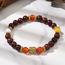 Коричневый Браслеты из натурального полосатого агата и круглых бусин из дерева для мужчин и женщин, Голова Будды, со сплавом, коричневые, внутренний диаметр: 2-1/4 дюйм (5.55 см)